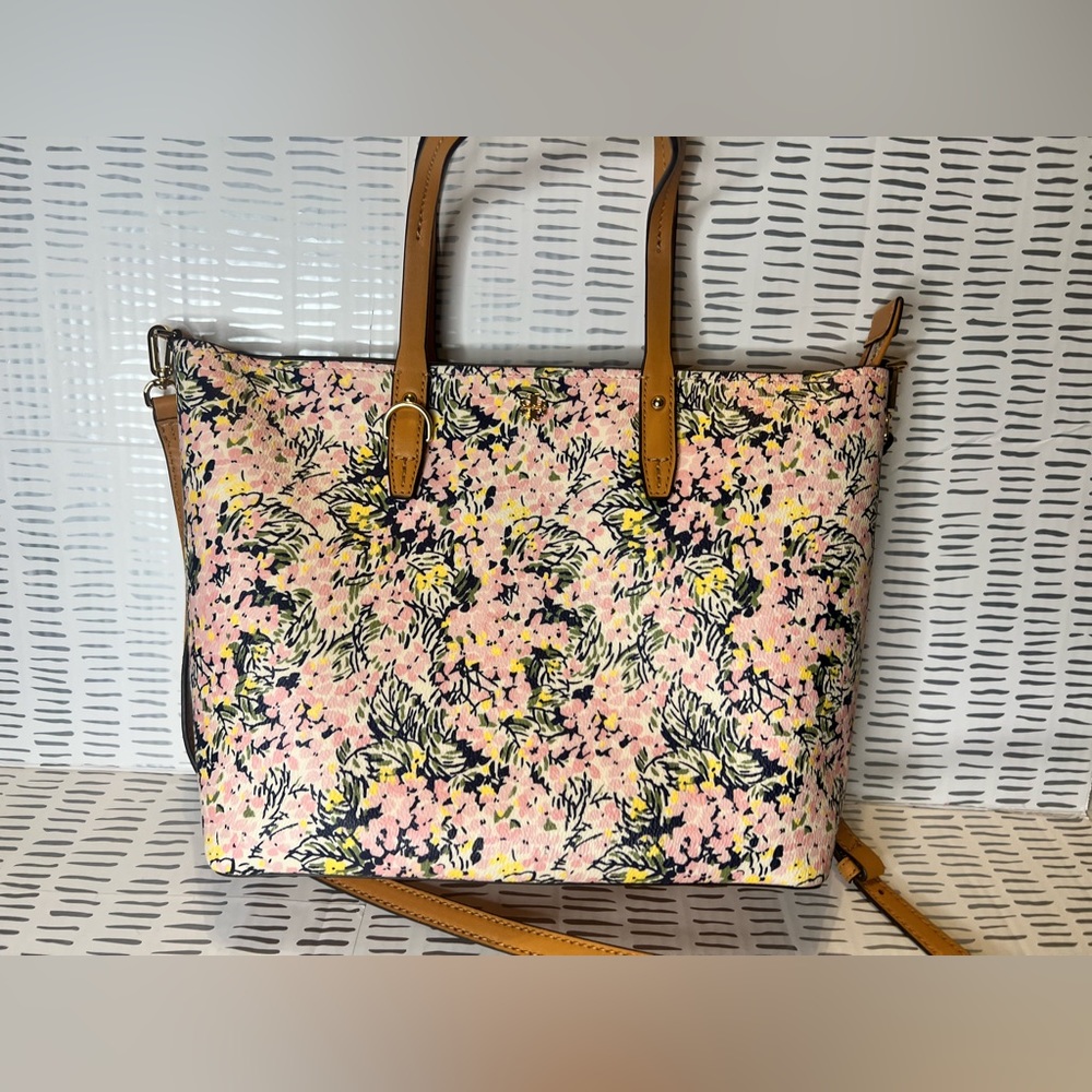 Tory Burch Pink Floral Tote with Tan Leather Trim